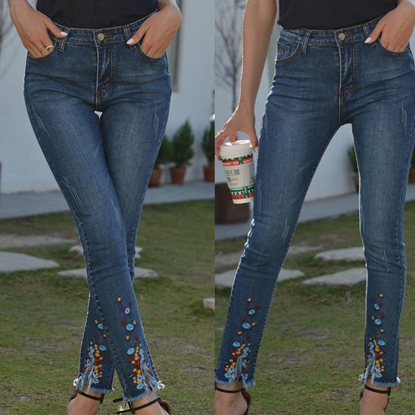 

new high waisted embroidery high waisted jeans women's slim legged pants 3516, Blue
