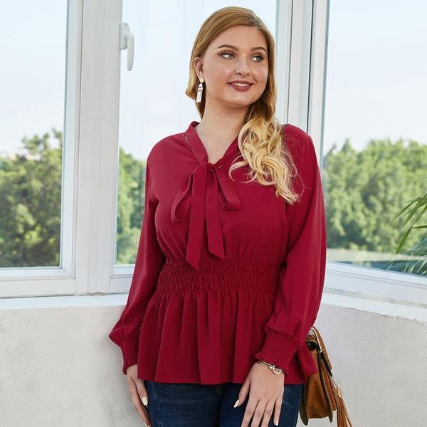 

2020 plus size long elegant ladies shirt spring ice silk wrinkle solid color long sleeve slim pink blouse bow ladies workwear1, White