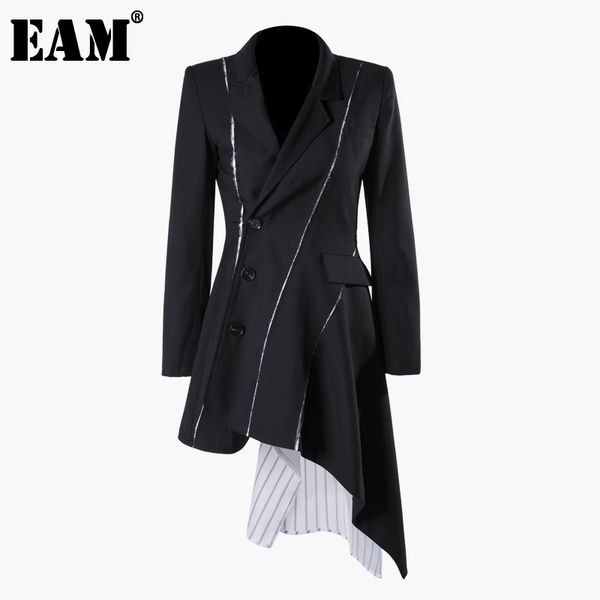 

[eam] new spring autumn lapel long sleeve black striped irregular button split joint loose jacket women coat fashion jq681 201017, Black;brown