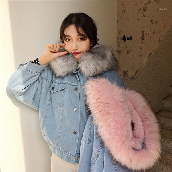 

women's jackets women's denim jacket with fur winter jeans hooded velvet coat female faux collar 2021 padded warm bomber windbreak, Black;brown
