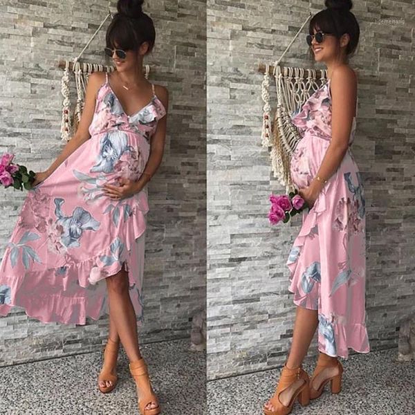 

maternity beach dress women maternity sleeveless casual clothes flower print ruffle dress pregnanty sundress1, White