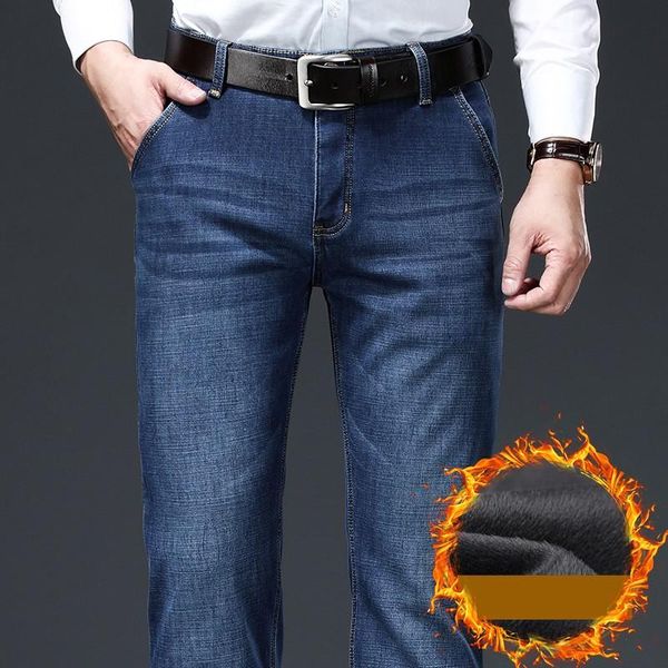 

men's jeans 2021 winter warm business fashion classic style black blue denim straight fleece thick pants male brand trousers