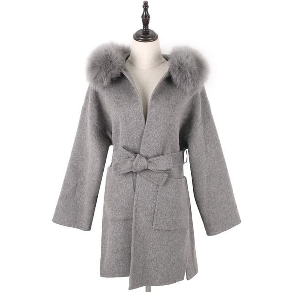 

women's fur & faux 2021 real coat winter trench women cashmere wool blend ladies natural collar streetwear, Black