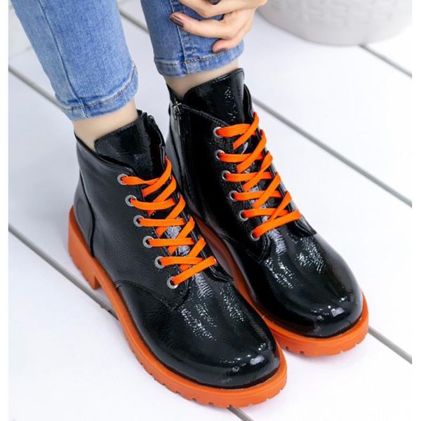 

ardino black japanned leather orange soled boots