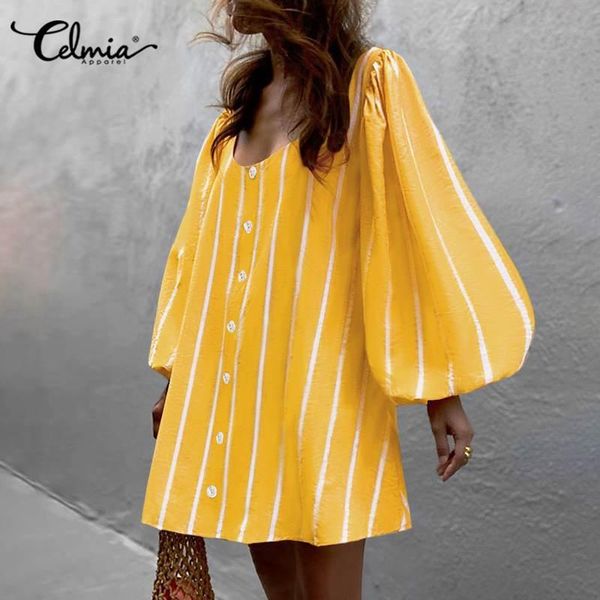

fashion lantern sleeve striped mini shirt dresses celmia women square collar buttons vestidos casual loose a-line robe 5xl, Black;gray