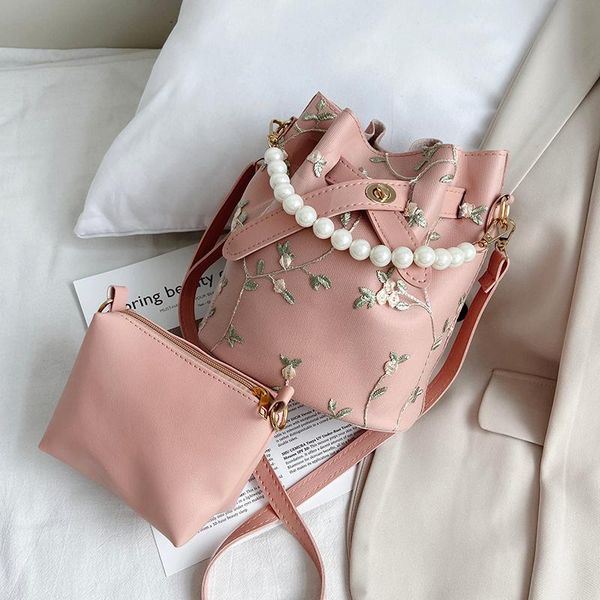 

fashion lace shoulder bags women pearl design composite bucket bag casual travel totes crossbody bags leather sac de luxe femme