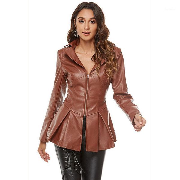 

seebeautiful stitching pu leather loose jacket coat lapel long sleeve zipper simple new fashion 2020 winter women m5731, Black;brown