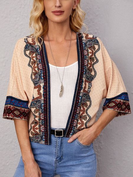 

paisley print open front kimono l5b5#, White;black