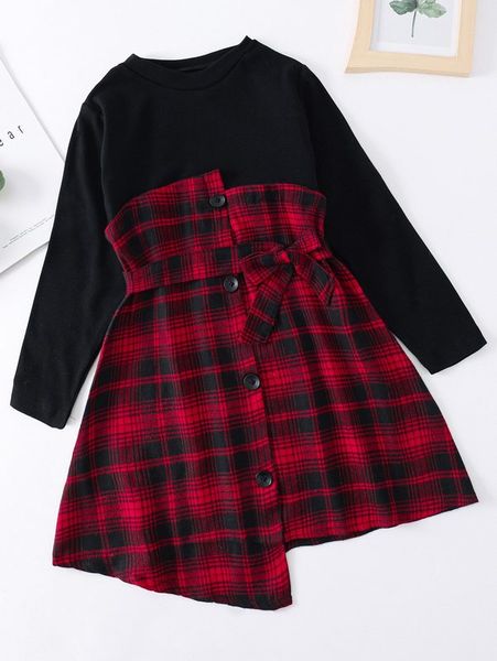

girls plaid print asymmetrical hem belted 2 in 1 dress she, Red;yellow