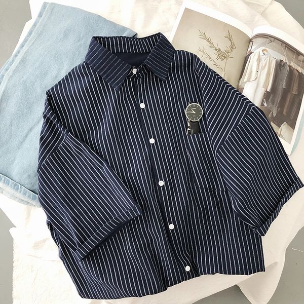 

temperament korean striped men's summer wear new literature and art durable short sleeve shirt shirt loose popular raehf, Blue