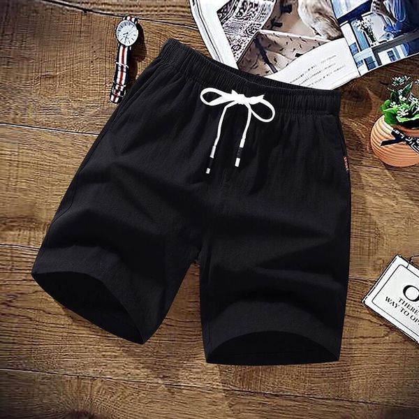 

brand men's casual linen cotton comfort male streetwear solid color loose fashion shorts men fk66, White;black