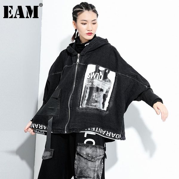 

eam] loose fit black denim printed big size jacket new hooded long sleeve women coat fashion tide spring autumn 2020 1da132, Black;brown