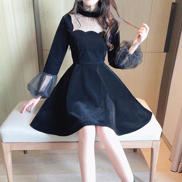 

velvet gothic dress japanese black women puff sleeve mini dress women's clothing 2021 evening party lolita one-piece fall, Black;gray