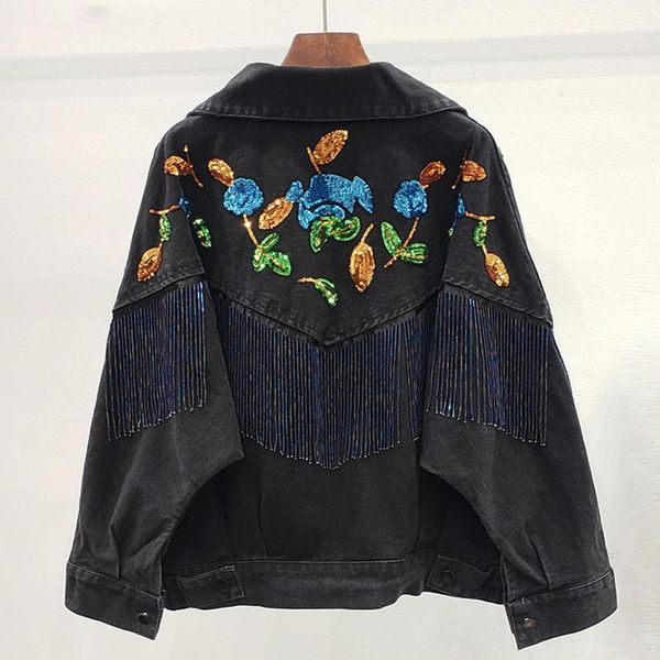 

spring autumn black streetwear floral sequins denim jacket woman tassel casual loose jeans coat female outwear chaquetas mujer1, Black;brown