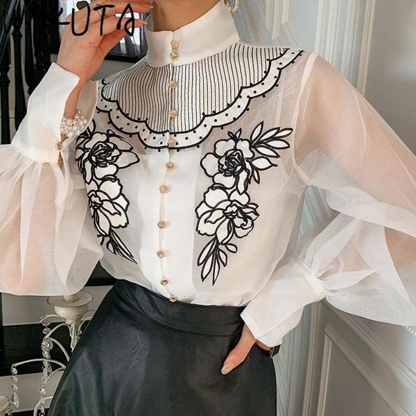 

wakuta embroidery floral transparent blouses shirts women 2021 korean elegant loose stand collar golden buttons spring new, White