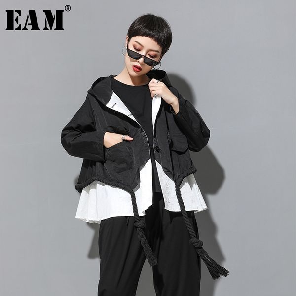 

[eam] 2020 new autumn hooded collar long sleeve spliced big size drawstring button loose jacket women coat fashion tide jy906 y200101, Black;brown