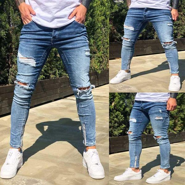

slim jeans men ripped ankle stretch knee hole tight for kg-720, Blue