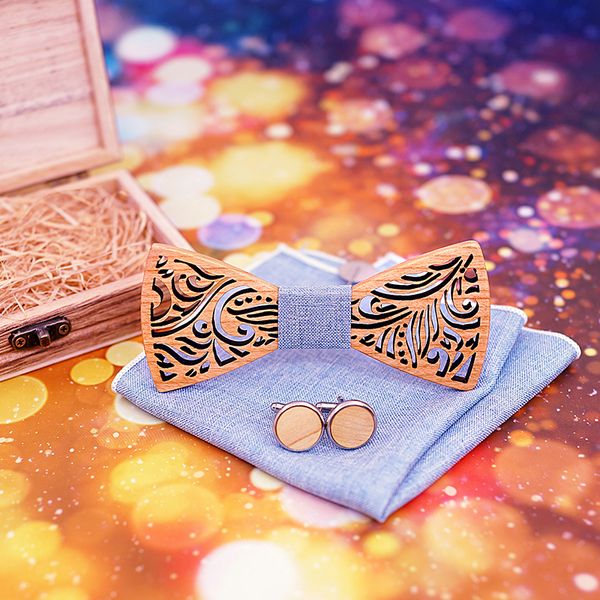 

cut out wooden bow ties for men ties wood bowtie handmade butterfly wood bow tie gravata gift cufflink handkerchief set 201028, Blue;purple