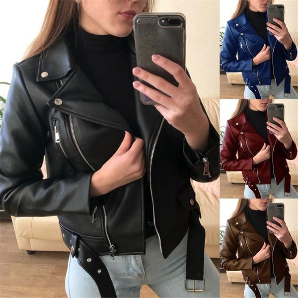 

women cool faux leather jacket long sleeve zipper fitted coat turn-down collar casual pu motorcycle fall female short jacket #40 201019, Black;brown