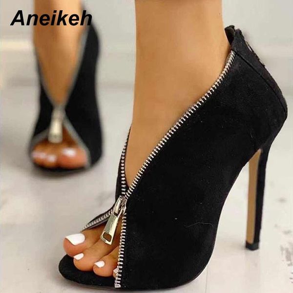 

dress shoes aneikeh summer fashion pumps flock peep toe v strap zip stiletto heels ankle sandals boots lady fetish size 40, Black