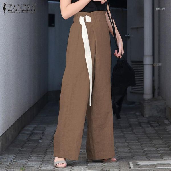 

women wide leg pants zanzea fashion vintage solid pockets trousers casual high waist pantalon lace-up 2020 palazzo plus size1, Black;white