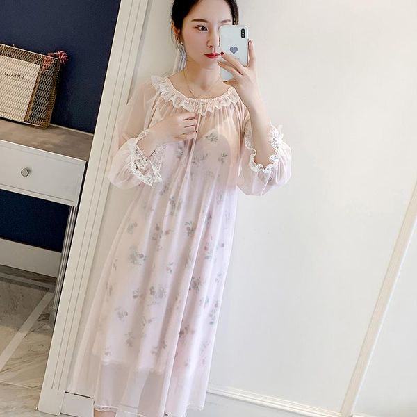 

long sleeve home dressing gown lace women nightgown sleepwear spring summer new modal intimate lingerie nightdress kg-439, Black;red
