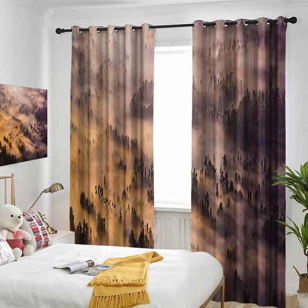 

thermal insulated room darkening window shade sunrise over a foggy mystic forest summer morning time wildlife scenic picture curtain
