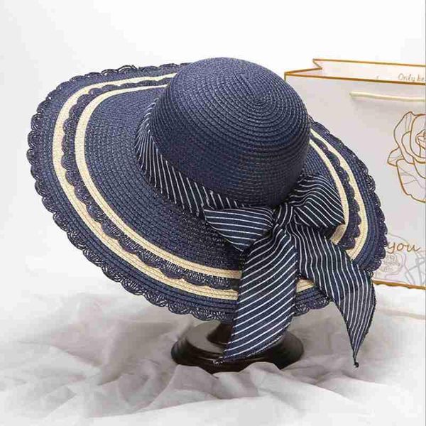 

myzoper 2020 new bow fashion stripe wide brim summer beach cap casual tide outdoor foldable women's hat straw hat, Blue;gray