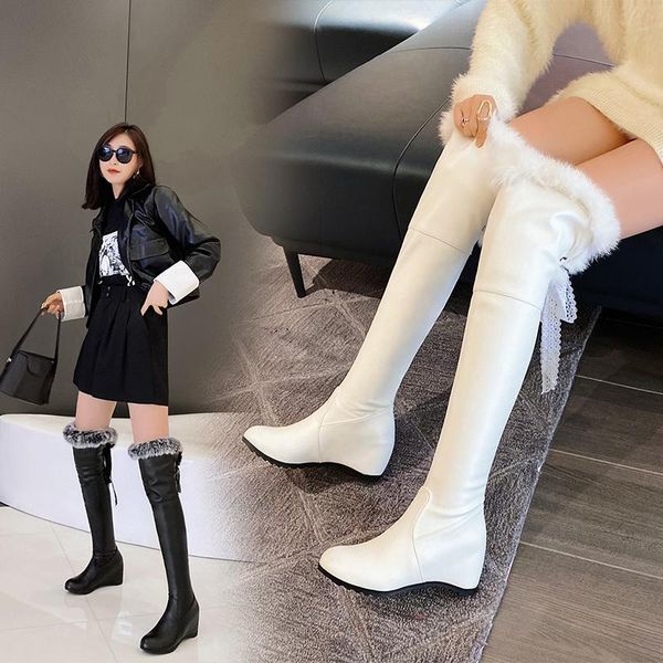 

2021 new ladies platform knee high boots fashion slope heel fur boots women party office woman big size 34 -43, Black
