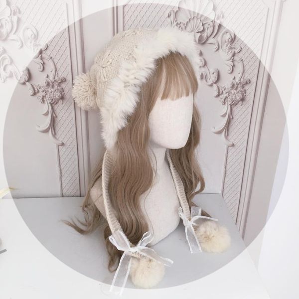 

lolita autumn and winter warm fur ear protection hat knitted wool hat cute fur ball, Blue;gray