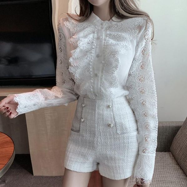 

two piece dress 2021 spring lace stitching super fairy shirt + small fragrance wind shorts female two-piece suit1, White