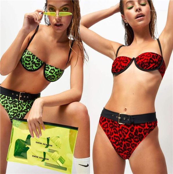 

leopard 2pcs summmer bikinis woman belt spaghetti strap swimwears women beach slim bathing clothes womens, White;black