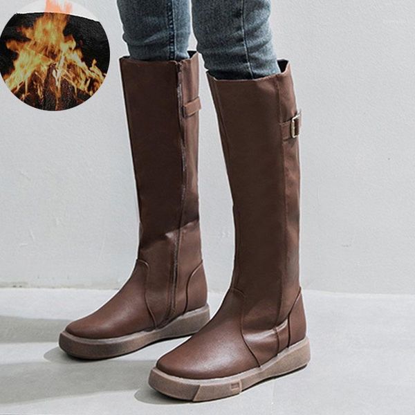 

boots 2021 winter women side zipper round toe knee-high female shoes waterproof platform flat high buty damskie1, Black