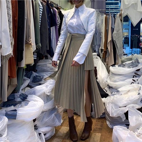 

spring 2020 irregular sashes mid calf women pleated skirt khaki pleated skirt vintage high waist casual skirts female faldas new t200712, Black