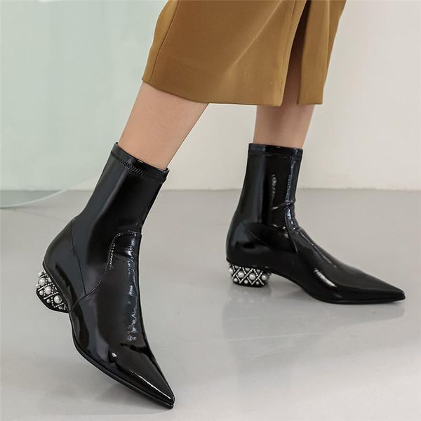 

boots mobetty thin elastic short sock bright diamonds women ankle pearl heel booties leather botas feminina botines mujer, Black