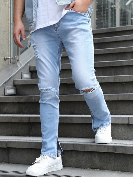 

men bleach wash ripped frayed split hem jeans c2cw#, Blue