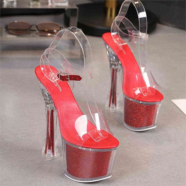 

sandals waterproof platform women sandals nightclub high heels super high heels thick bottom sandals transparent crystal shoes 220309, Black