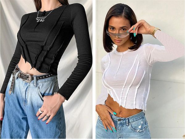 

2021 autumn and winter new women's wear round neck long sleeve fashion wrinkle temperament slim body exposed navel style t-shirt, White