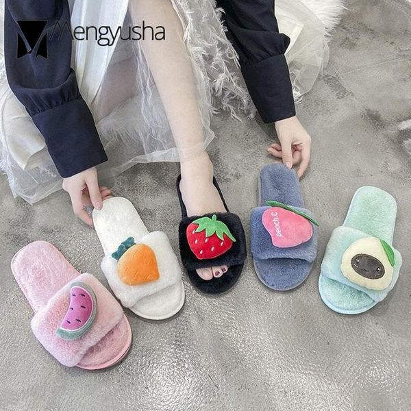 

slippers lovely fruit fur women flat home winter cotton shoes woman cuter plush pantuflas comfortable warm indoor furry slides, Black