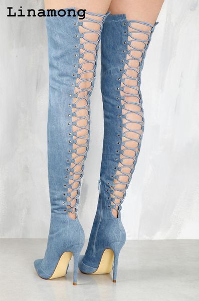 

женщины sexy заостренный носок кросс-связанный wth полой ковбоя более-коленных молнии rivet украшения boots тонкий длинный высокий каблук, Black