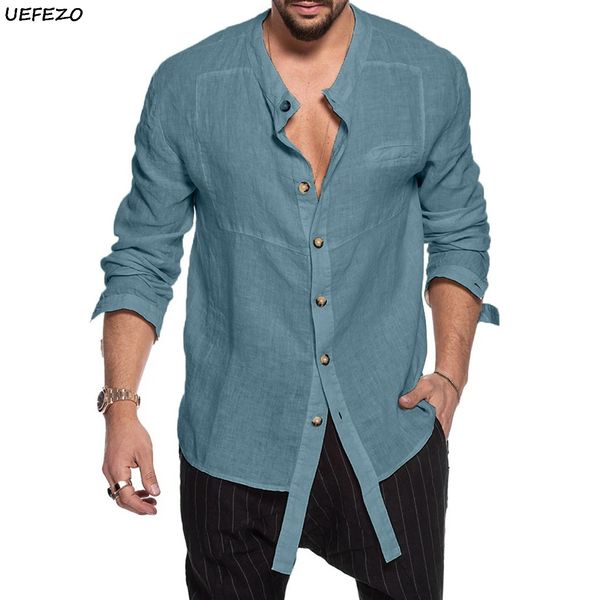 

uefezo 2020 men's cotton linen shirt high sleeve short neck v-t-shirt spring and autumn relaxed men's solid shirt, Blue;black