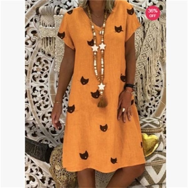 

2020 seven color eight size cat print v-neck short sleeve dress, White