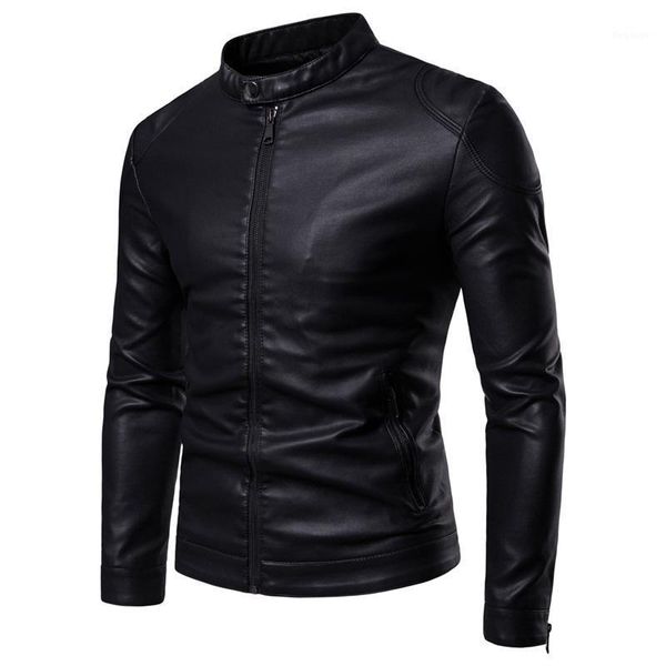

men leather jackets new arrival solid color atand collar plus-size slim leather jacket coat men1, Black