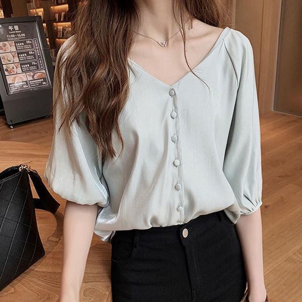 

women fashion v neck baggy blouse lady short sleeve casual loose women korean solid chiffon blouses plus size 2021 new, White