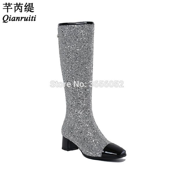 

qianruiti patchwork long booties size 43 glitter bling bling runway shoes woman block heel square toe ladies mid-calf boots, Black