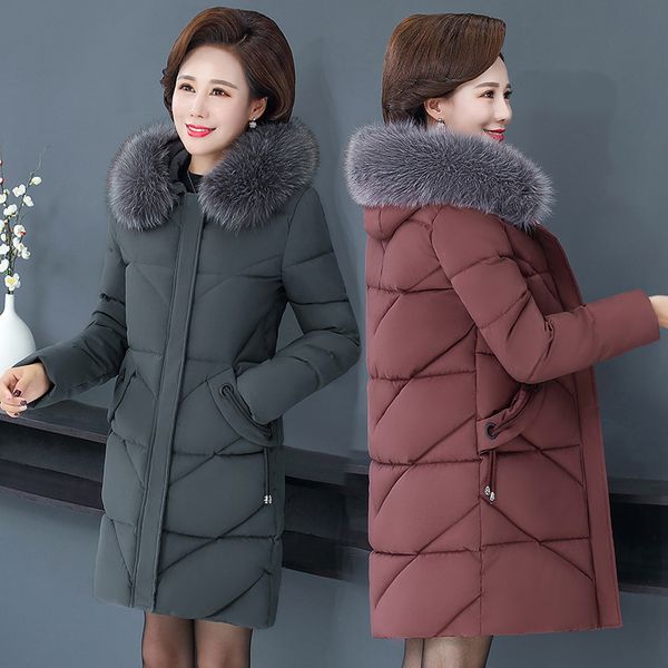 

2021 new down cotton-quilled jacket medium length fur collar middle-aged women's extra thick clothing 87y5, Black
