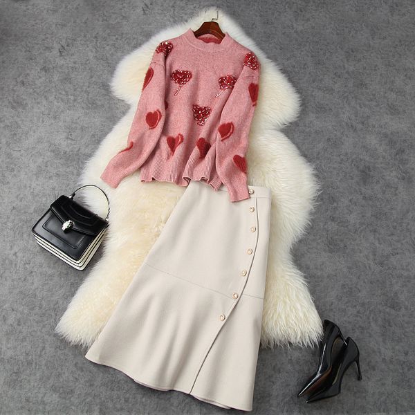 

european and american women's wear 2020 winter new style long - sleeved heart - studded sweater woollen skirt fashion suits, White