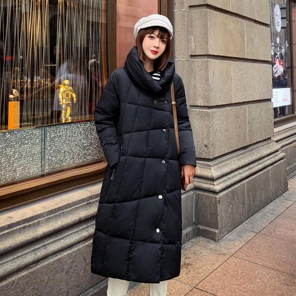 

covered button x-long women's winter jacket solid plus size casual parkas woman stand collar cotton padded thick coat ladies, Black