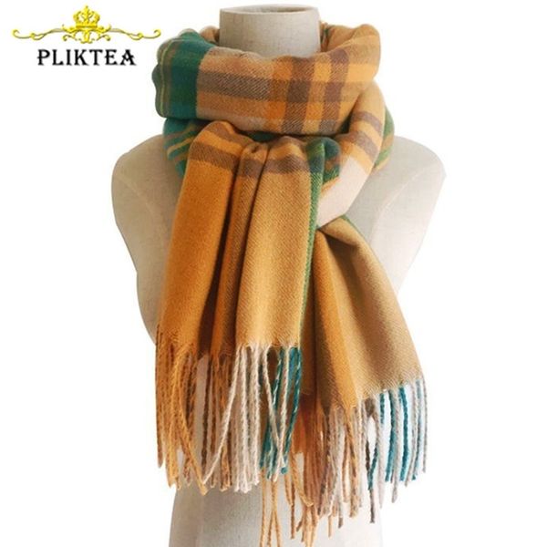 

direct sale yellow plaid winter scarf shawl women wool blends poncho wrap female tippet stole ladies colorful scarves pashmina y201007, Blue;gray