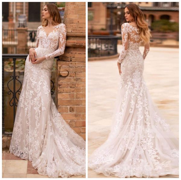 

vestidos de noiva long sleeves lace mermaid wedding dresses 2021 illusion appliques sweep train trumpet bride gowns outdoor marriage, White